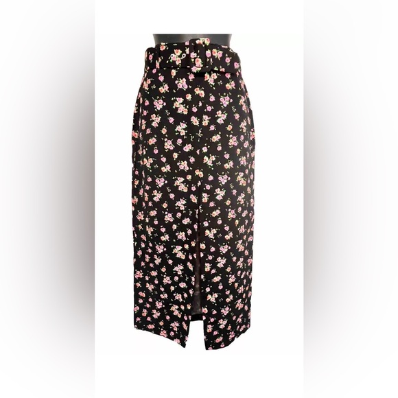 Zara Floral maxi skirt Matching Belt High Waisted Long Skirt Black Pink Size XS - Picture 2 of 9